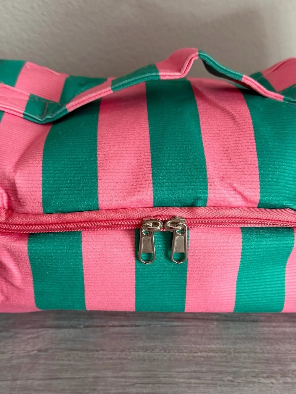 Bubblegum Pink & Green Striped Canvas Large Zip Handle Cosmetic Bag Tote Pockets